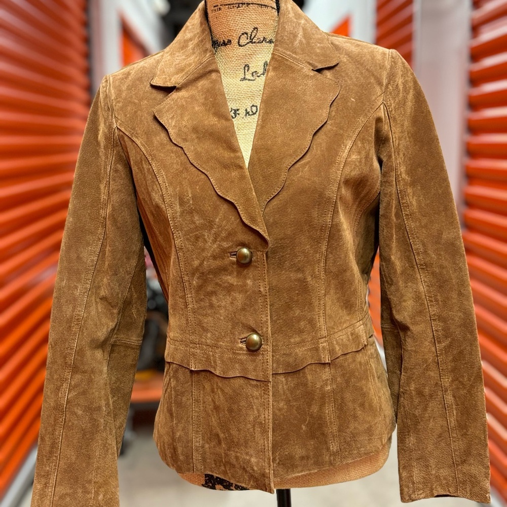 Y2K ANN TAYLOR LOFT Sz 14 Tan Suede Leather Short Blazer